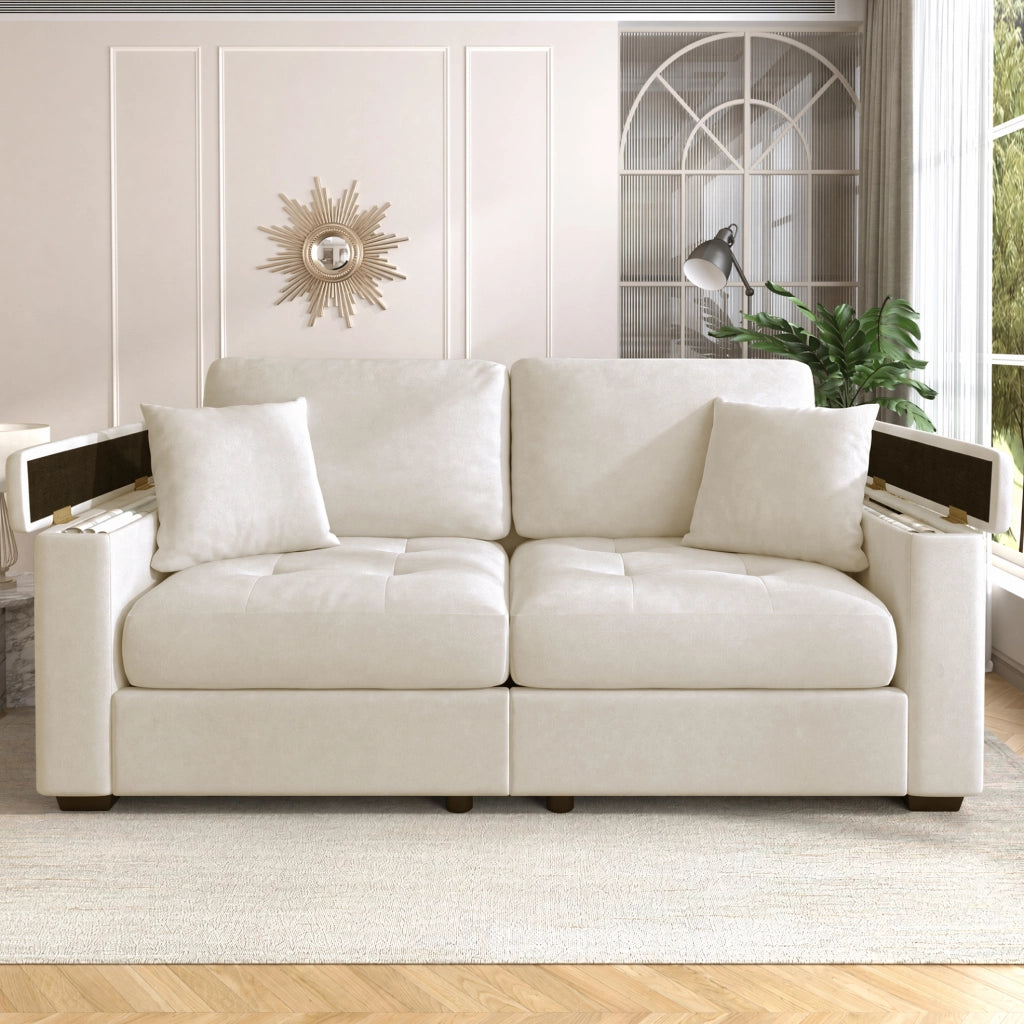 Divano 2 posti in chenille beige con contenitore nei braccioli, tasche laterali e 2 cuscini