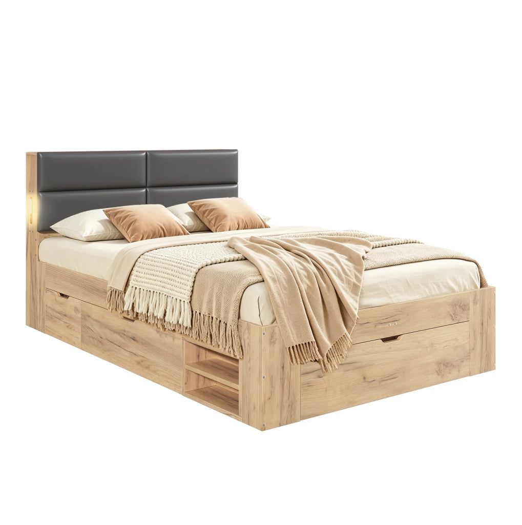 Letto ULEVR 140x200 cm con cassetti, vani estraibili, luce notturna LED, USB e USB-C, naturale