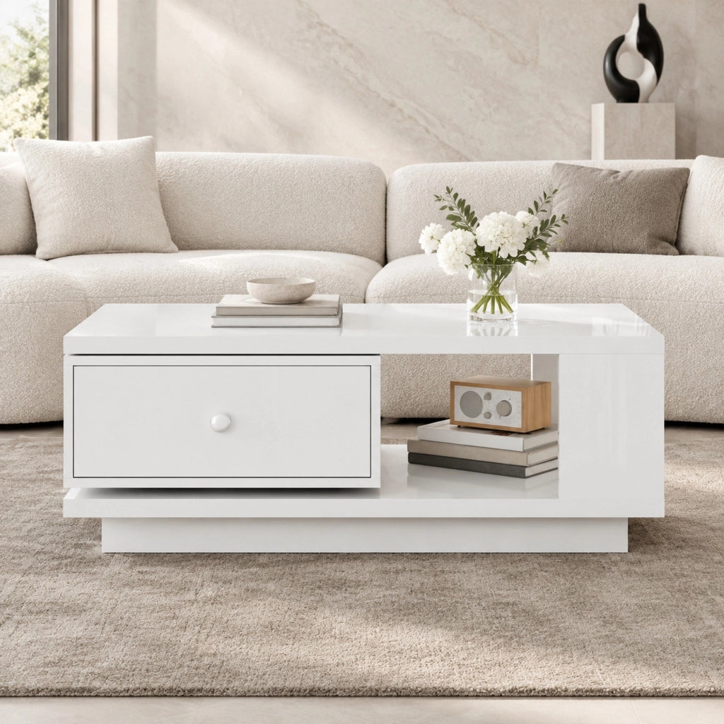 Tavolino da salotto con cassetto girevole e vano aperto, bianco lucido, in MDF e truciolare, 90 × 48 × 35 cm