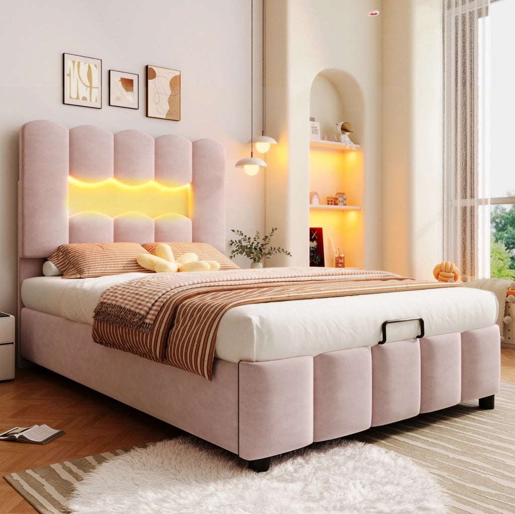 Letto singolo 90x200 cm con contenitore idraulico e LED in velluto rosa