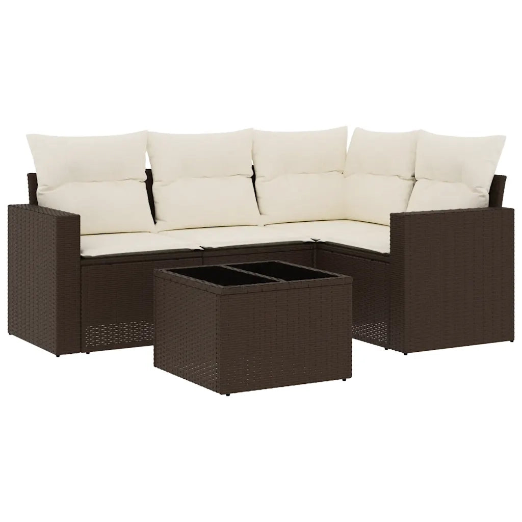 Set Divano da Giardino 5 pz | Set Salotto da Giardino con Cuscini Marrone in Polyrattan
