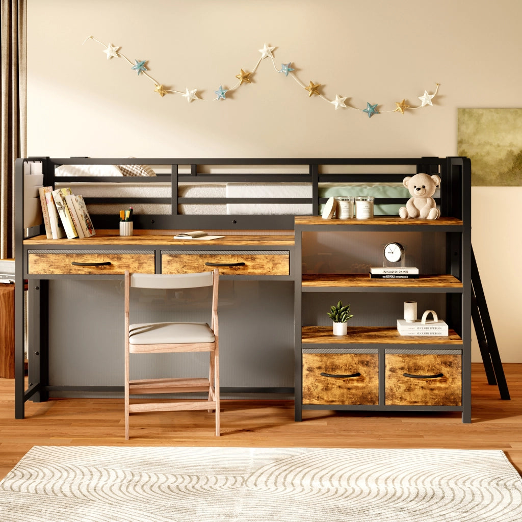 Letto a soppalco 90x200 cm con scrivania; scaffali e cassetti; in metallo nero