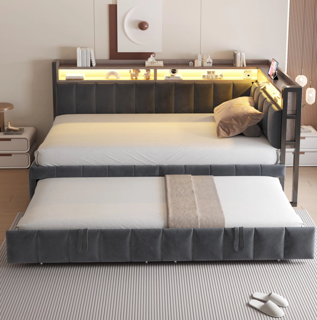 Divano letto estraibile 90x200 cm con LED, USB e USB-C in velluto
