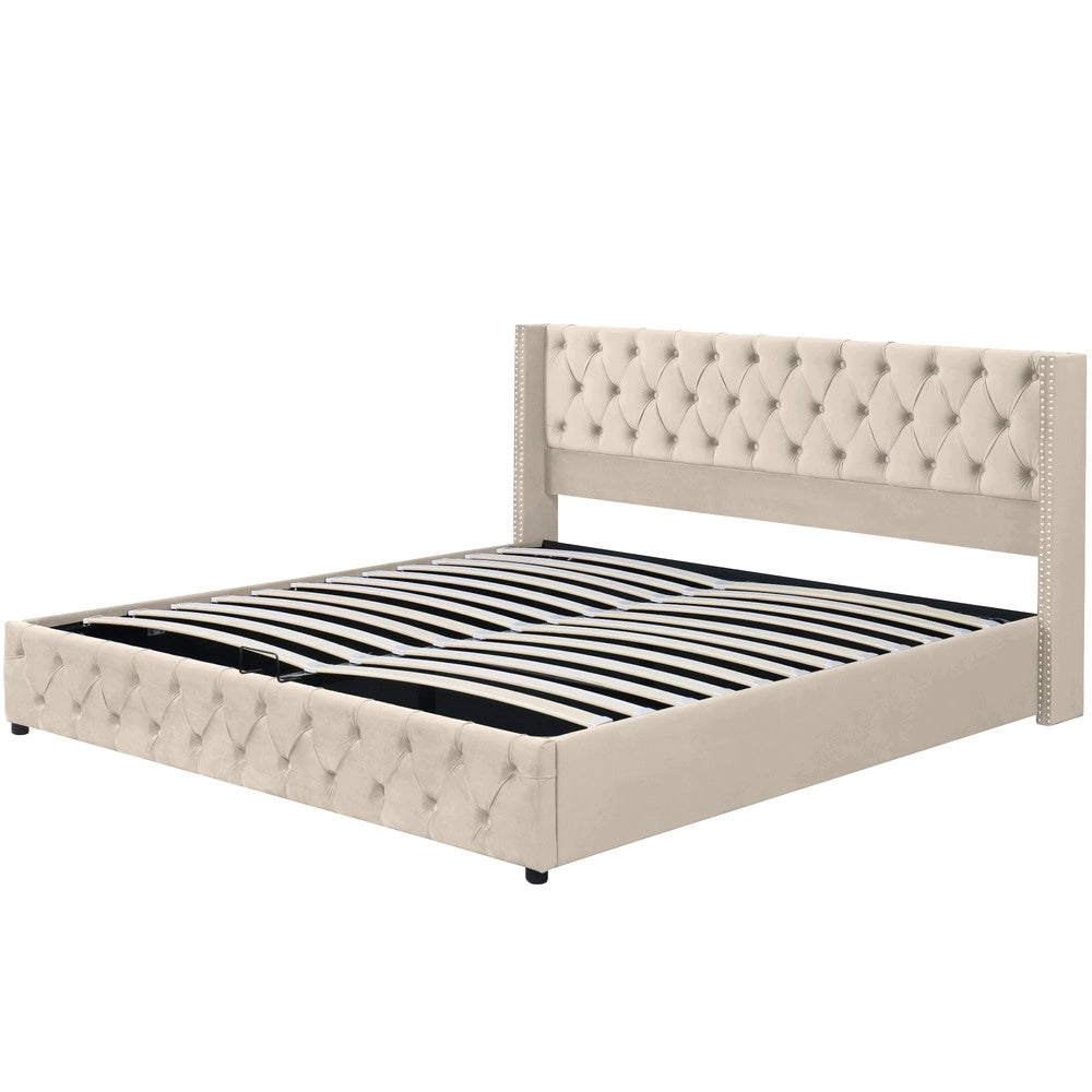 Letto Imbottito Matrimoniale Contenitore Idraulico ¨C Xylo ¨C Velluto Beige 180x200