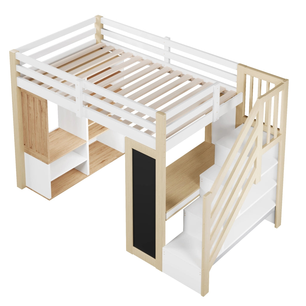 Letto a soppalco 90 × 200 cm con scrivania armadio scaffali scala contenitore lavagna LED bianco naturale
