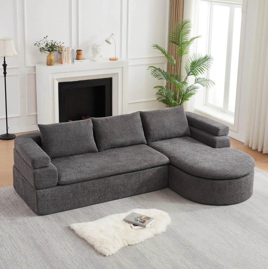 Divano angolare grigio in chenille con chaise longue e 3 cuscini