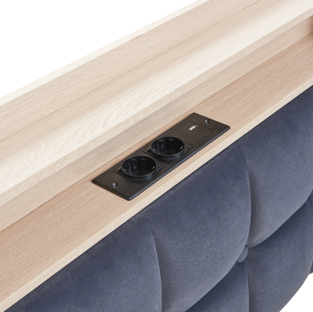 Divano letto imbottito 90x200 cm grigio con LED, USB/Type-C, 2 cassetti