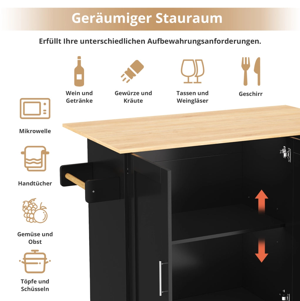 Carrello da cucina pieghevole con 3 cassetti e 2 ante; MDF; nero e naturale; 135 × 44/70 × 90 cm