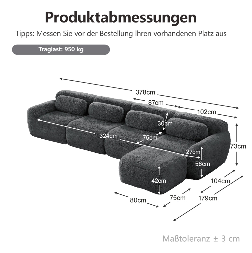 Divano angolare modulare a L a 4 posti in tessuto plush grigio con cuscini e chaise longue