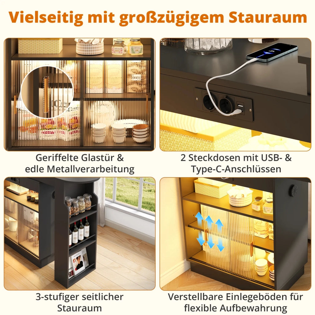 Bar allungabile con contenitore, credenza e armadio da cucina con ante in vetro, illuminazione LED con controllo app, presa, USB e USB-C, nero, 131–170 × 40 × 170 cm