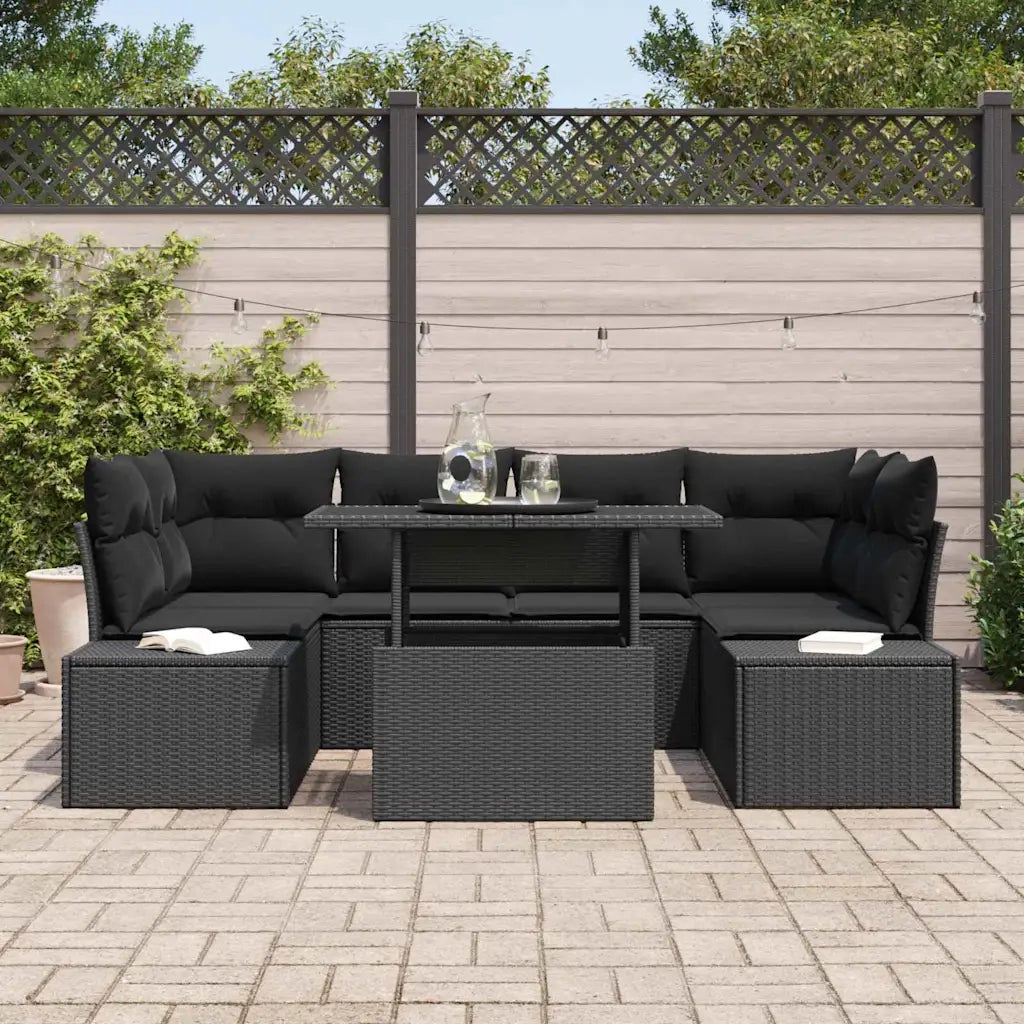 Set di divani con cuscino 7 pcs Nero polyrattan