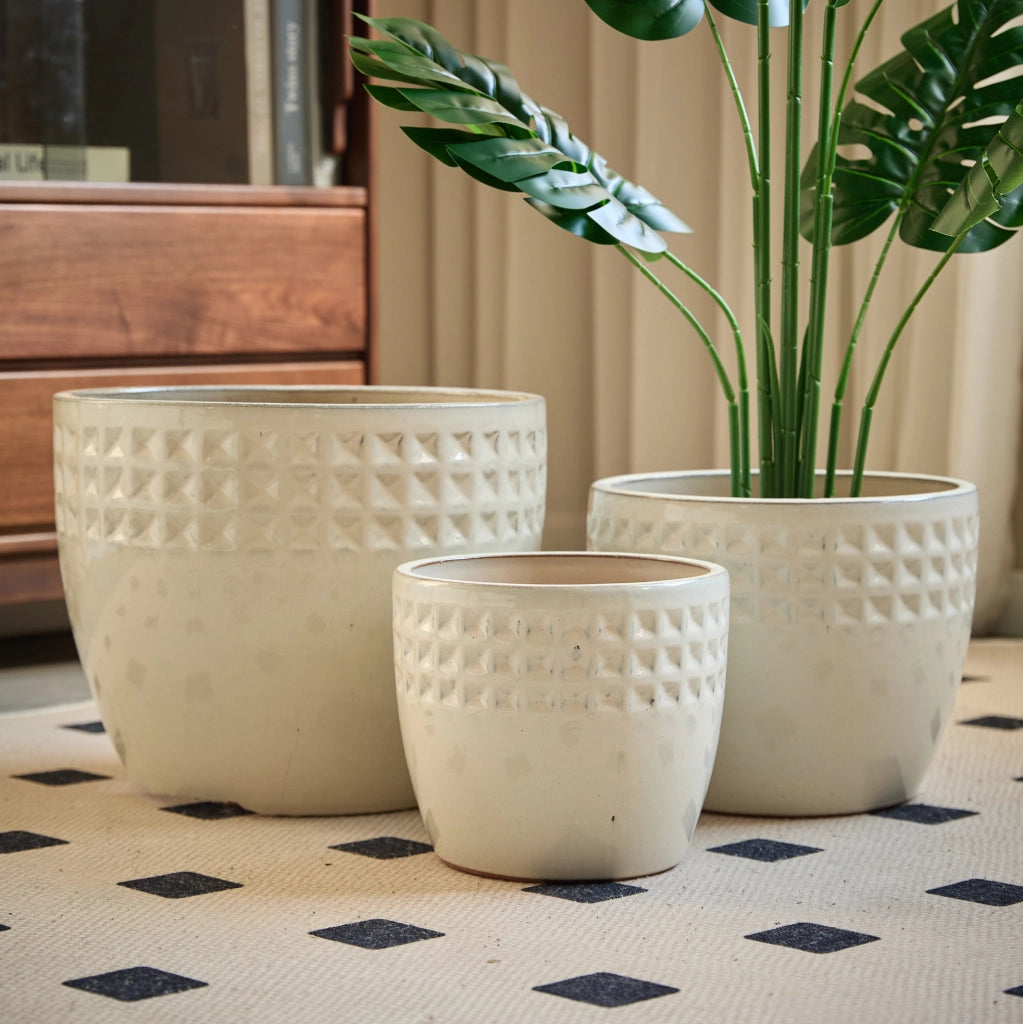 Set di 3 vasi in ceramica fatti a mano, smalto lucido crema con rilievo a cialda triangolare, Ø 38/30,5/23 cm, con foro di drenaggio, resistenti al gelo per interno e balcone