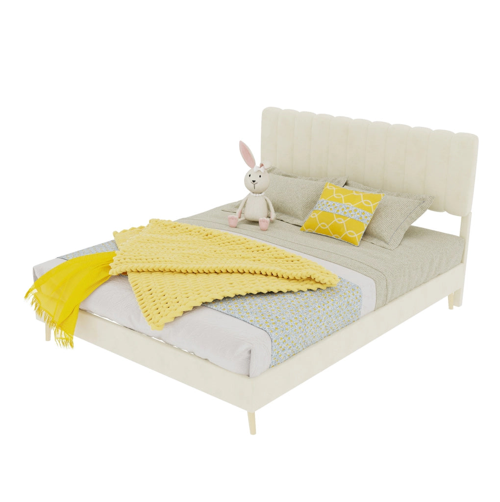 Letto imbottito moderno 140x200 cm con testiera morbida beige, struttura in legno senza contenitore, materasso incluso