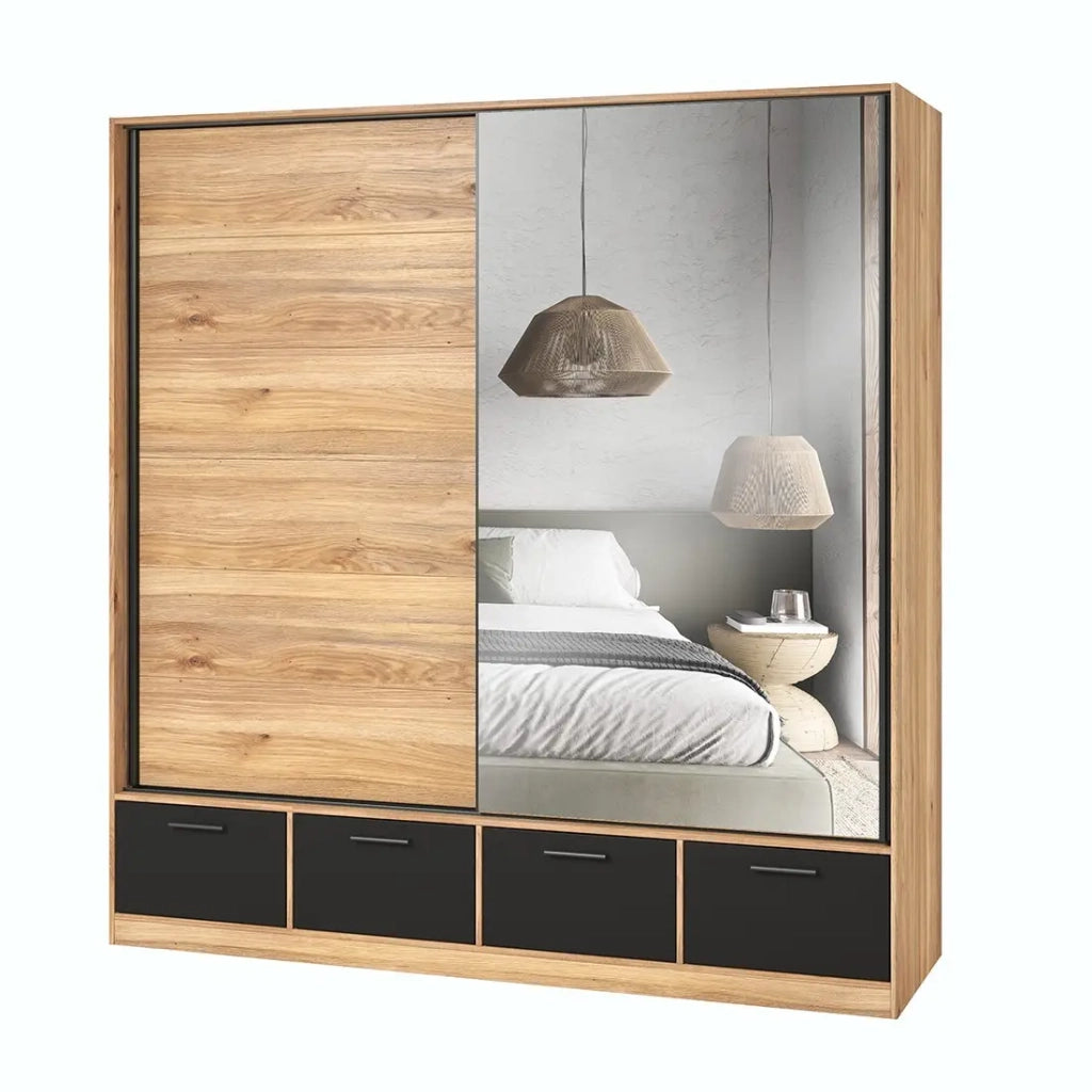 Camera da letto design collezione EOS: Armadio, Letto 160x200, cassettiera, comodini. Colore rovere chiaro e nero.