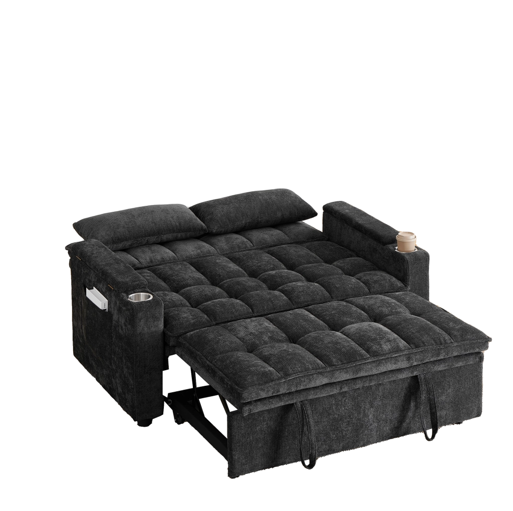Divano letto 3 in 1 142x89x89 cm in ciniglia nera con contenitore