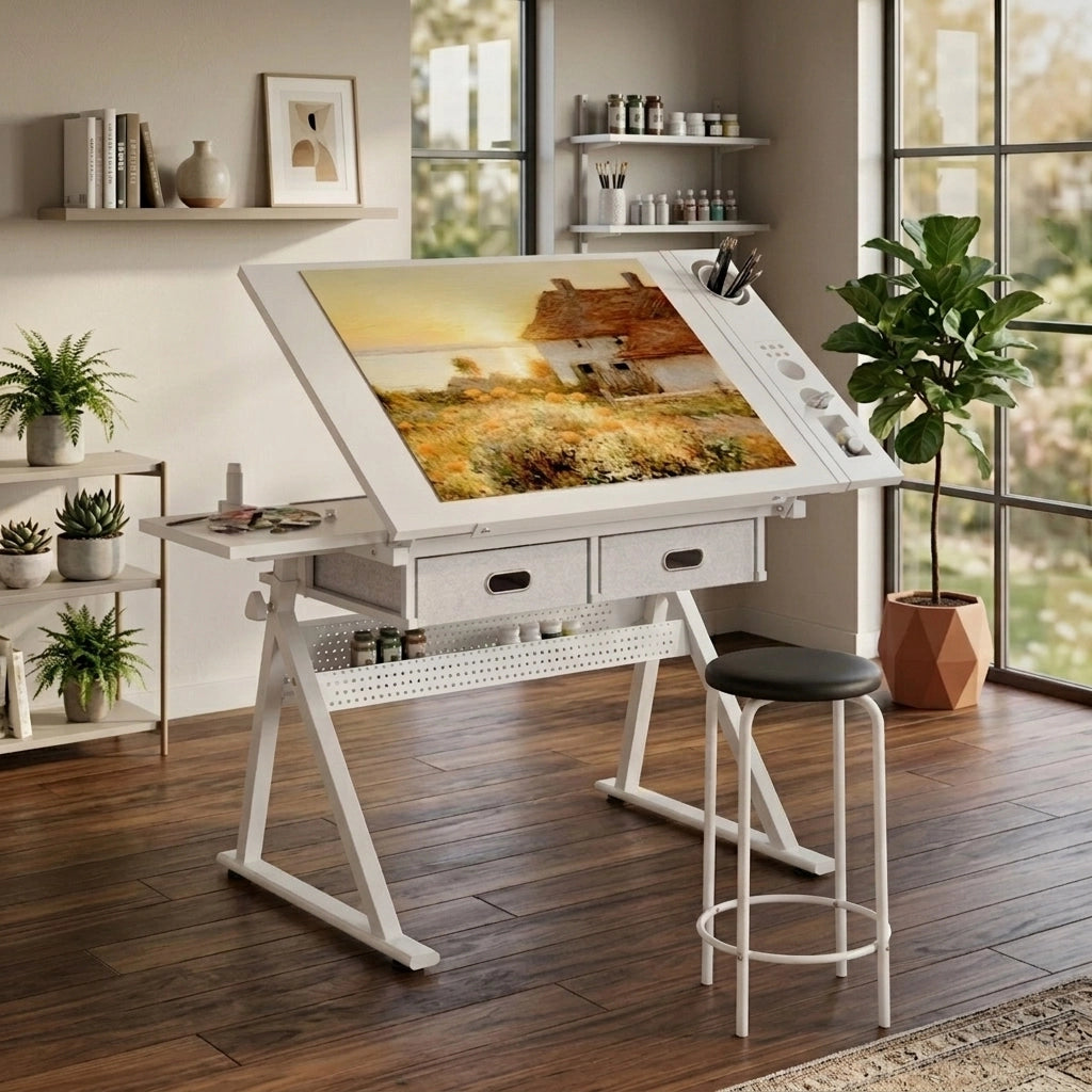 Tavolo da disegno regolabile con 2 cassetti per home office e scuola, con sgabello (tutto bianco)
