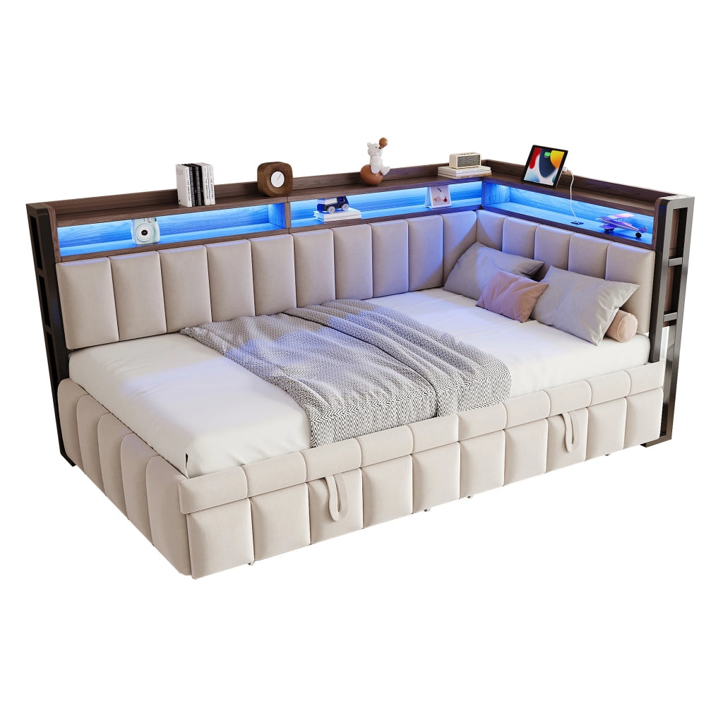 Divano letto ULEVR 90x200 cm con letto estraibile, LED, USB e Type-C, vani portaoggetti, velluto beige