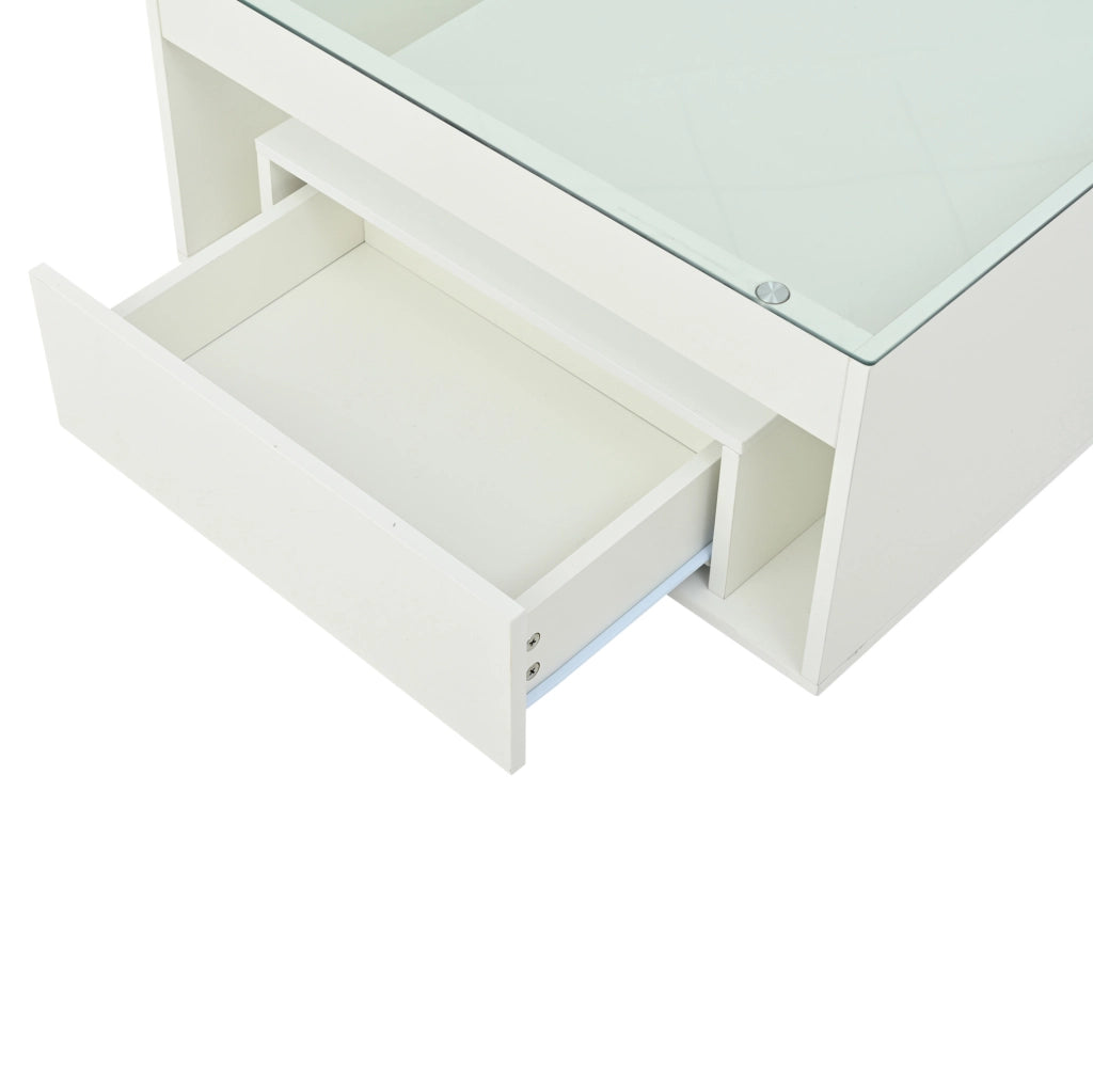 Tavolino da salotto 70x70 cm con 2 cassetti; LED e piano in vetro temperato bianco HOMVRA