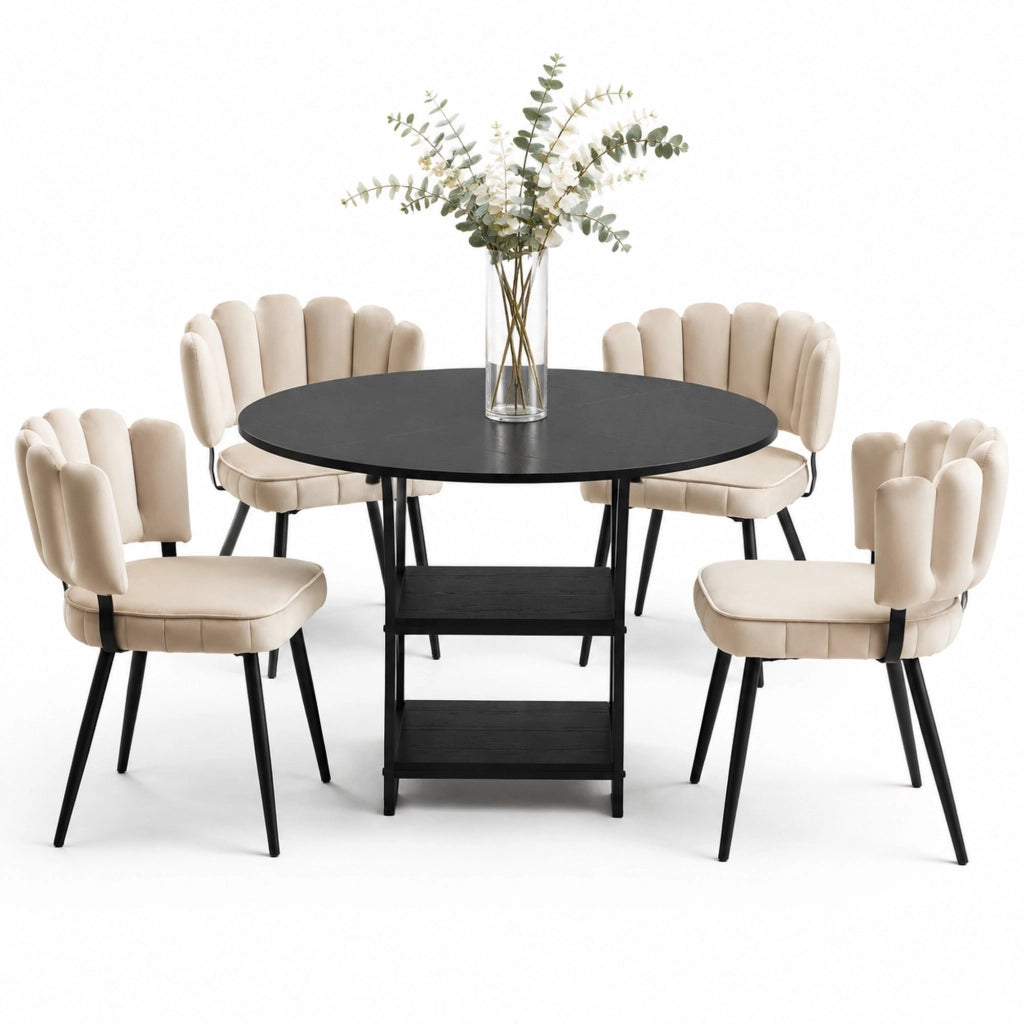 Set tavolo rotondo 107 cm nero con 4 sedie marrone chiaro; MDF e metallo - 2 ripiani