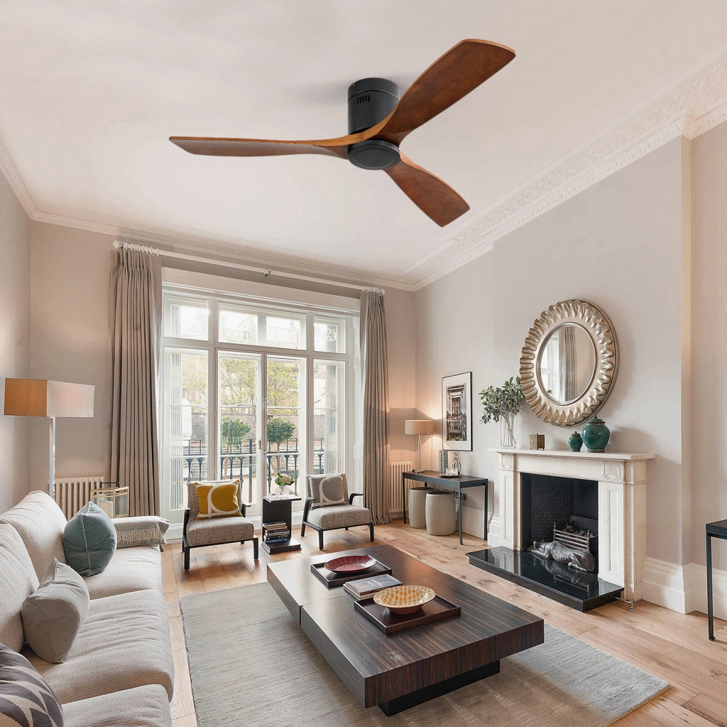 Ventilatore da soffitto 52 pollici con 3 pale in legno di noce, motore DC silenzioso reversibile e telecomando, senza luce
