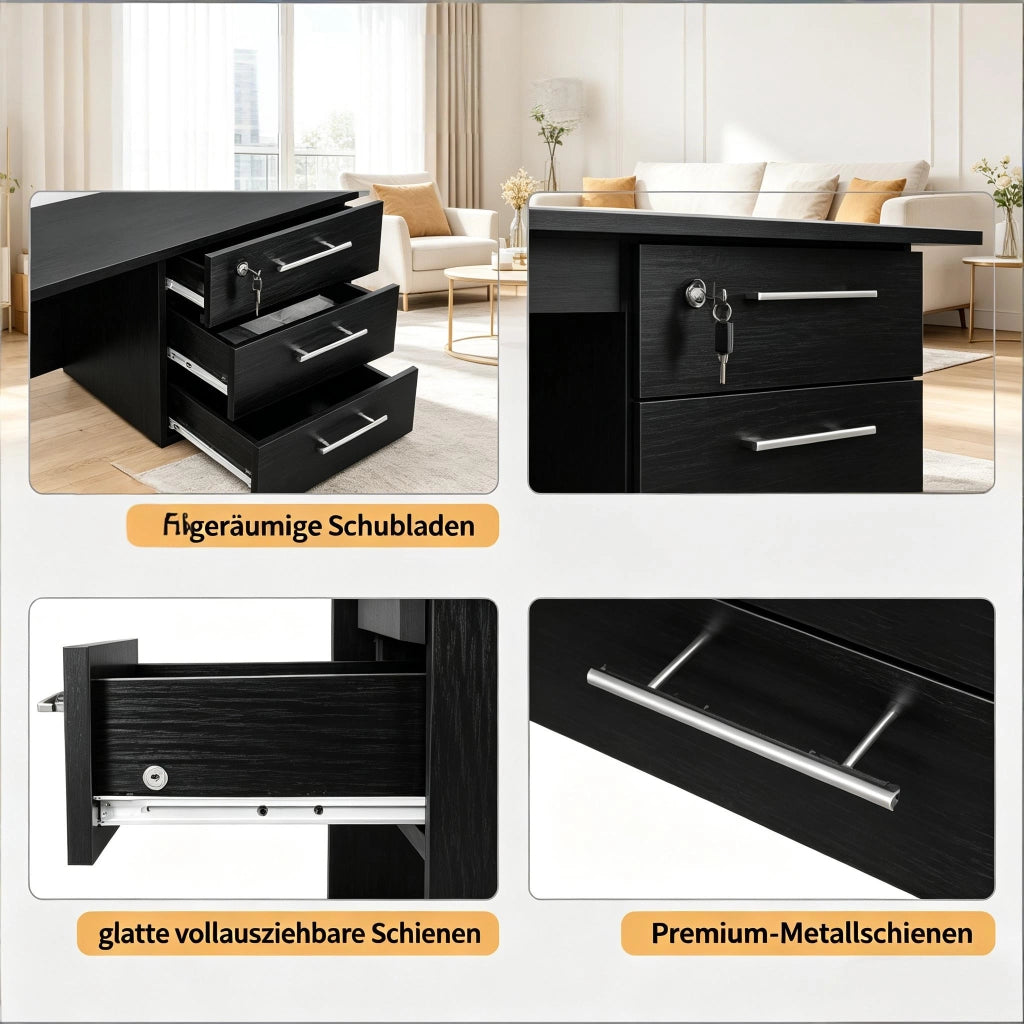 Scrivania dritta con 3 cassetti e serratura, piano ampio per studio e ufficio, in legno nero, 120 × 60 × 75 cm