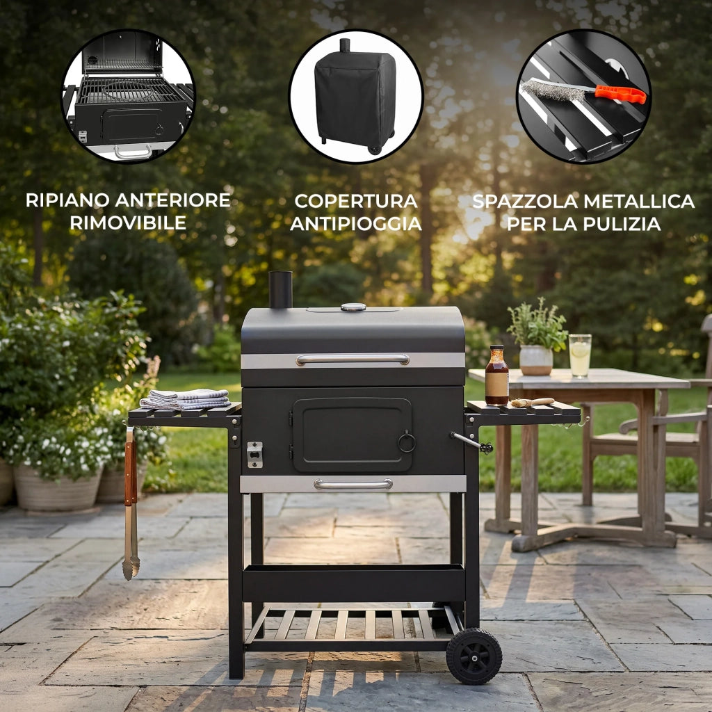 Barbecue BBQ XL a Carbone con Affumicatore Carrello Ripiani da Giardino