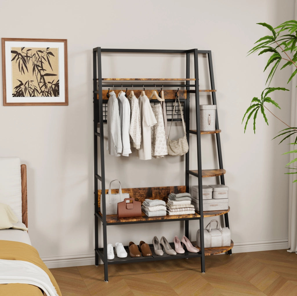 Appendiabiti Industriale Autoportante con Mensole in Legno Marrone Retro - Organizer Multiuso per Abiti e Scarpe
