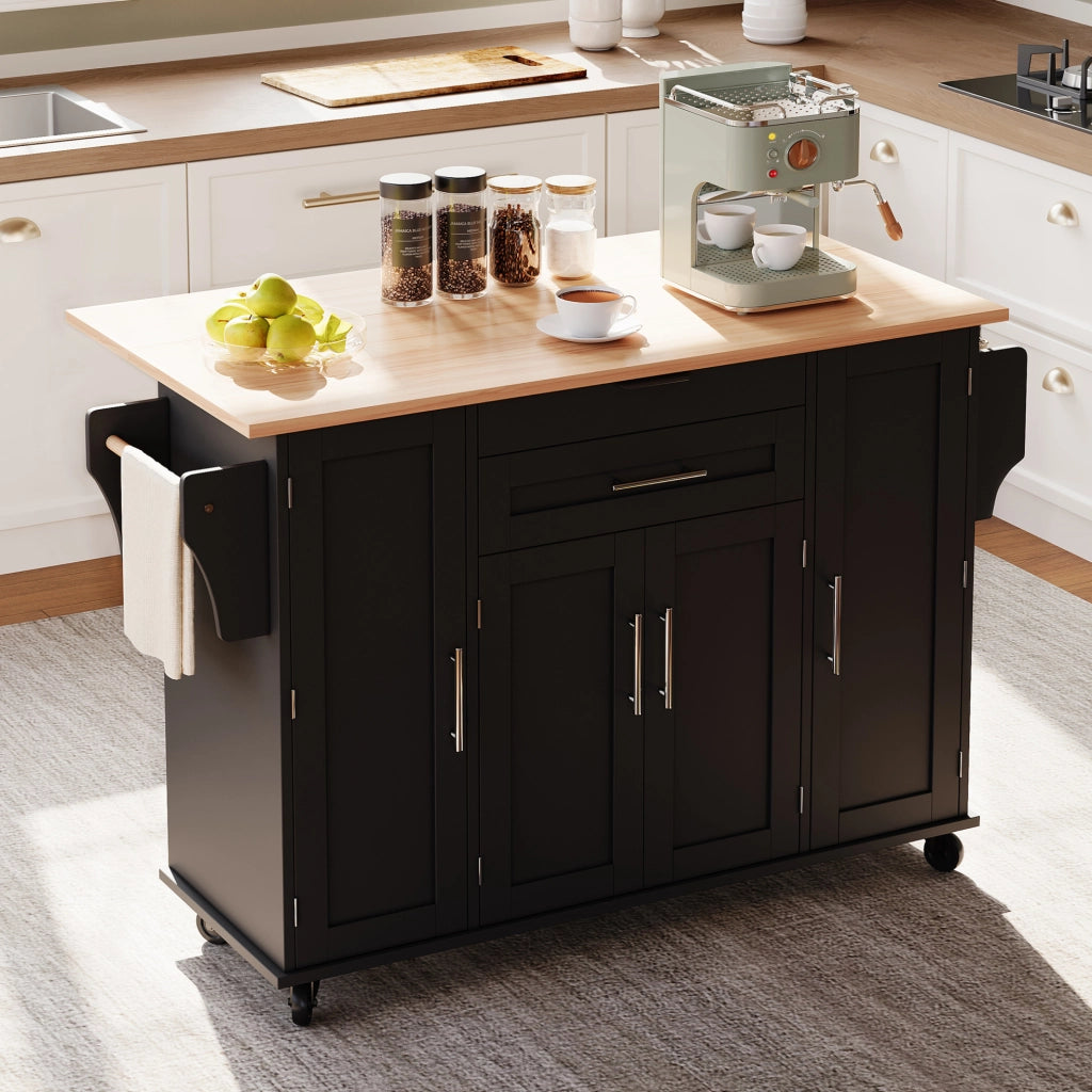 Carrello da cucina 120x45 cm con piano estensibile; MDF nero e naturale