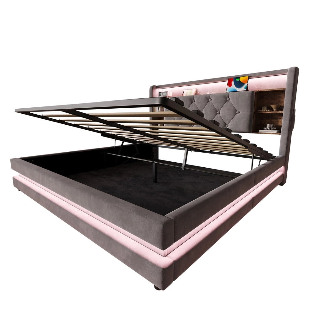 Letto imbottito contenitore ¨C Minimal ¨C grigio scuro velluto 140x200cm con testiera LED idraulico rete a doghe