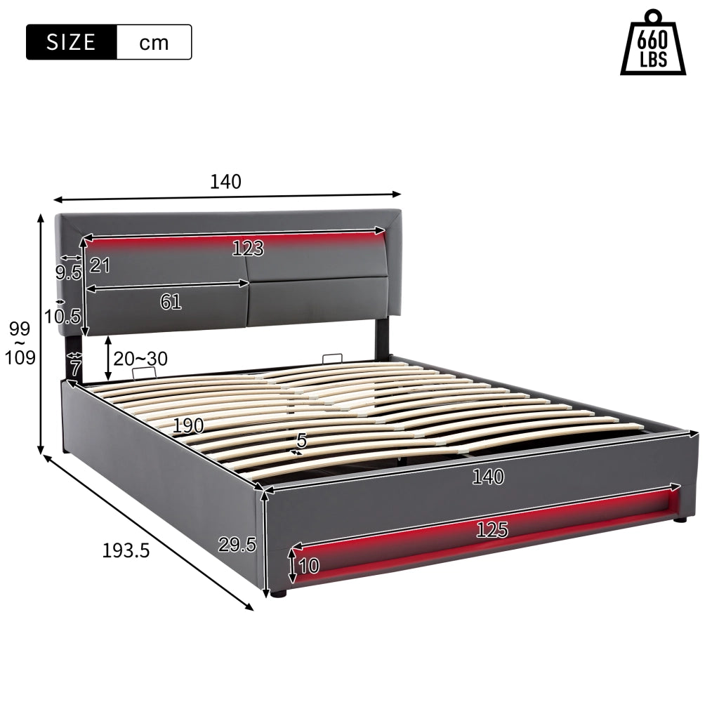 Letto imbottito 140x190 cm USB e LED con contenitore PU grigio (Senza materasso)