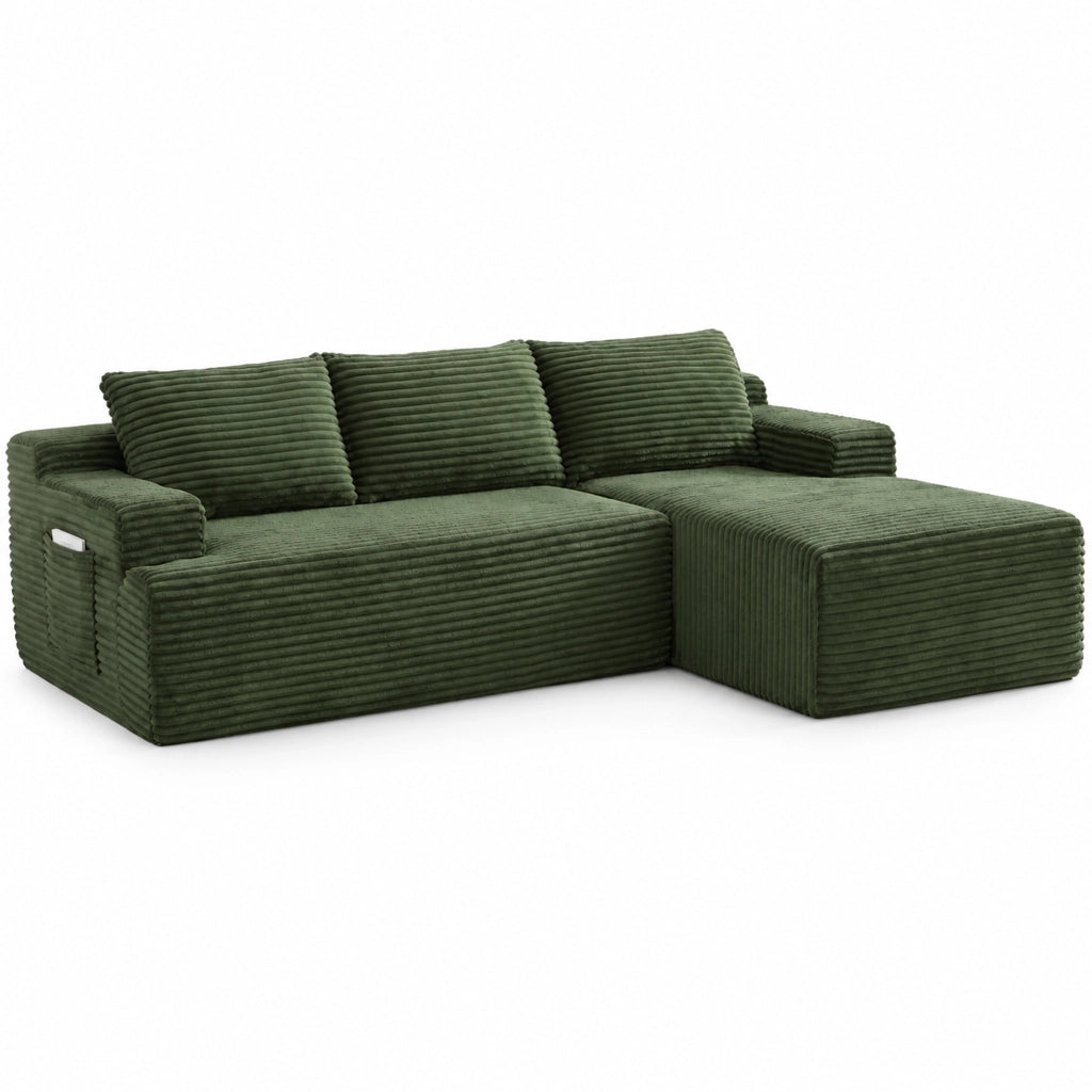 Divano angolare a L 238x152x66 cm in velluto a coste verde, senza montaggio