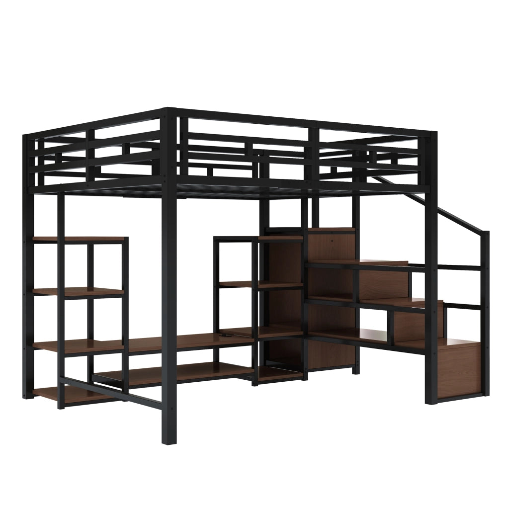 Letto a soppalco 140x200 cm con supporto TV; presa e scala contenitore; metallo e MDF nero