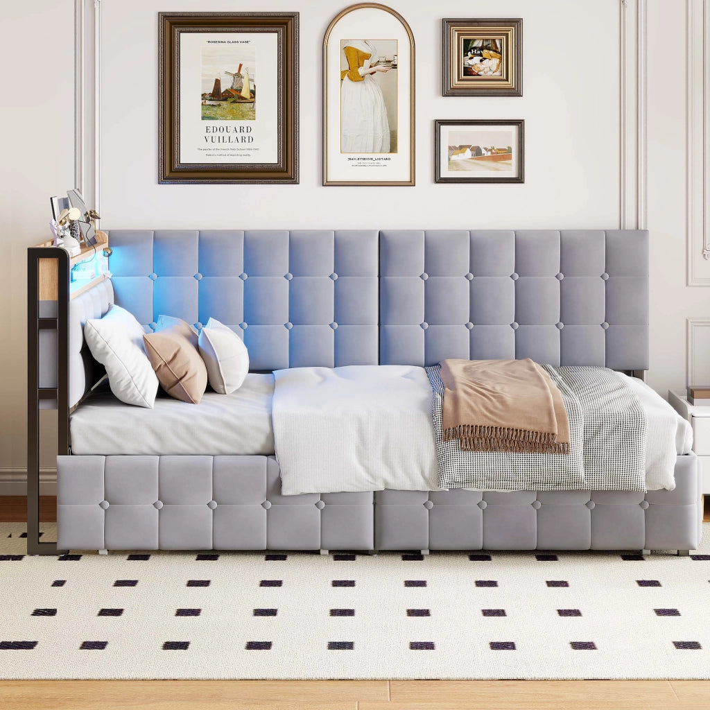 Divano Letto Singolo 90x200 Grigio con 2 Cassetti, Illuminazione LED e Prese USB/Type-C