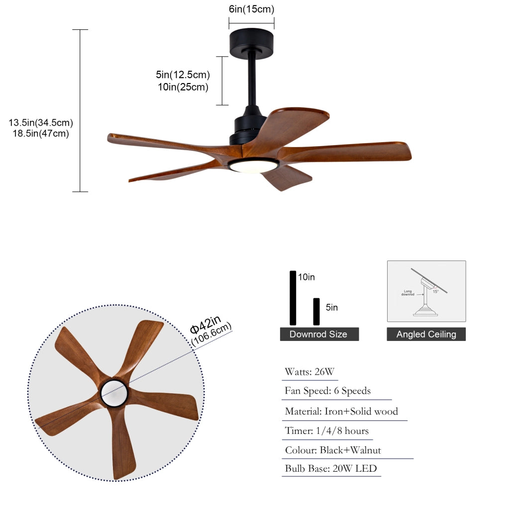 Ventilatore da soffitto 42" con 5 pale in legno di Paulownia, illuminazione LED dimmerabile e telecomando, 6 velocità, funzione inversione, per soggiorno e patio