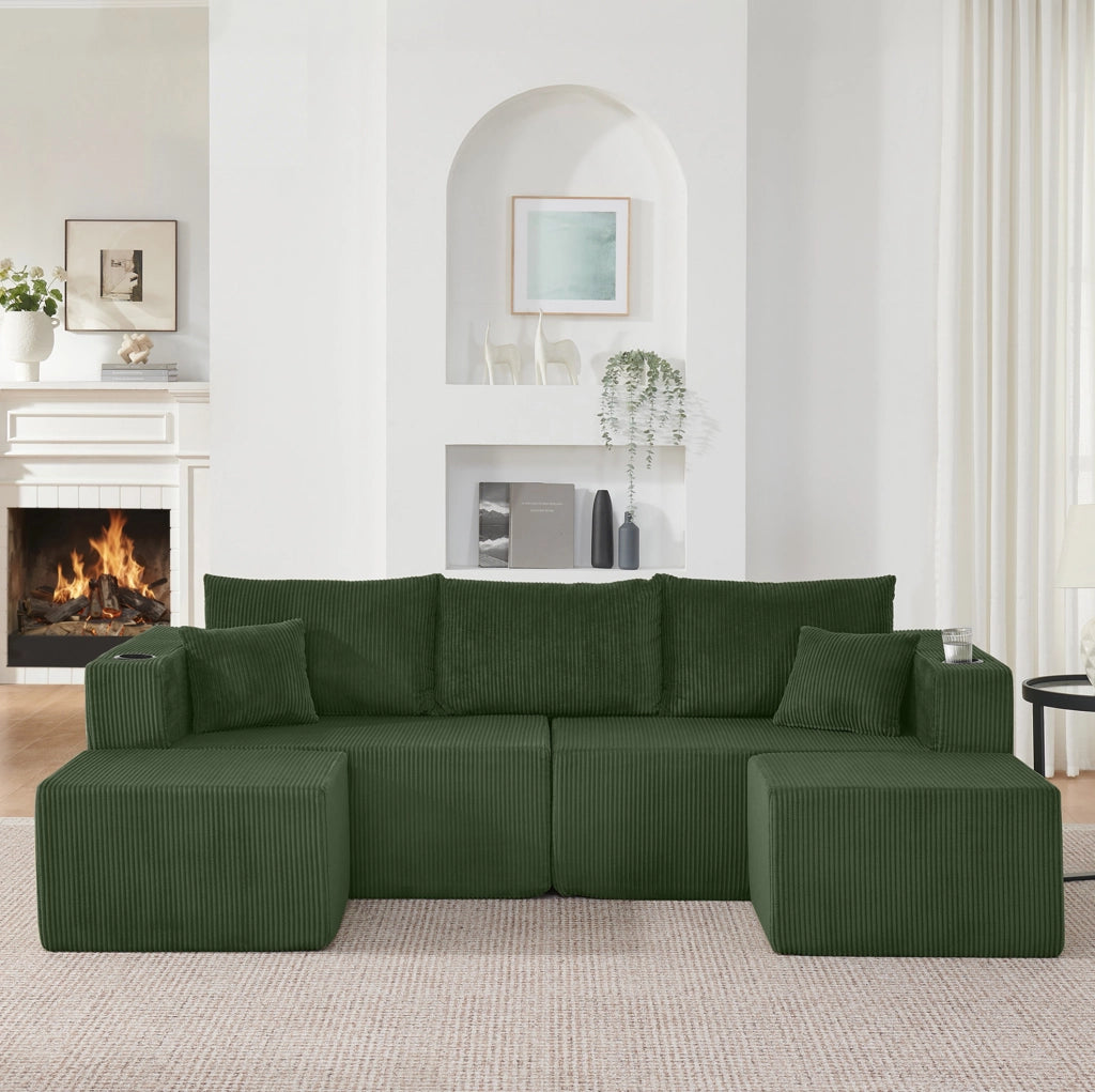 Divano angolare modulare 3 posti in tessuto vellutato beige con pouf mobili, portabicchieri e tasche laterali