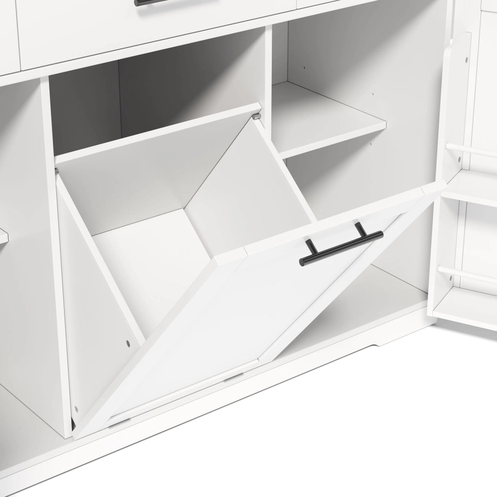 Isola da cucina mobile, carrello da cucina, credenza, piano di lavoro pieghevole, 3 cassetti, mobile con cestino dei rifiuti,, bianco e legno naturale