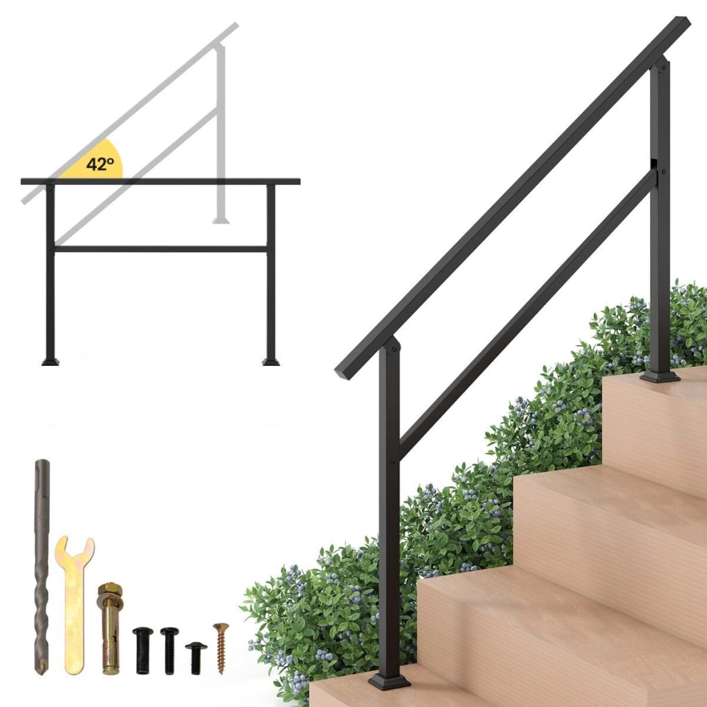 Set di 2 ringhiera di sicurezza per scale con kit installazione per terrazza, Corrimano per scale esterne per 0-4 gradini Nero