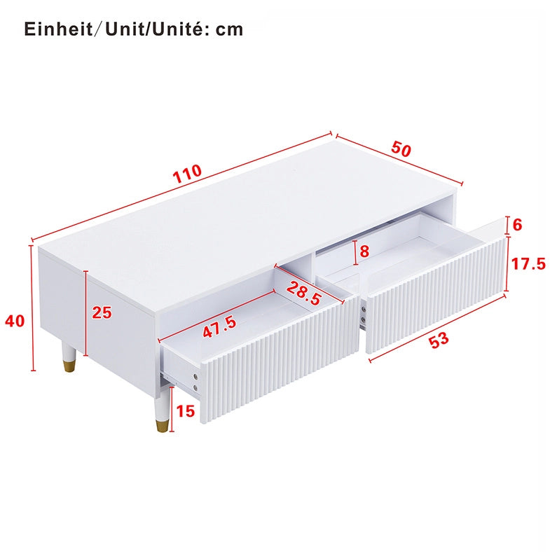 Tavolino da salotto moderno con illuminazione LED colorata, doppio cassetto e gambe in legno bianco e oro 110x50x40 cm