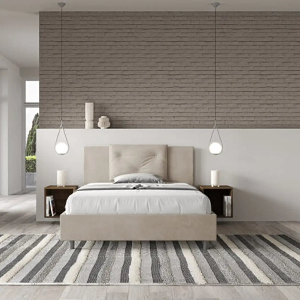 Letto matrimoniale francese senza rete imbottito 140x190 microfibra sabbia Appia