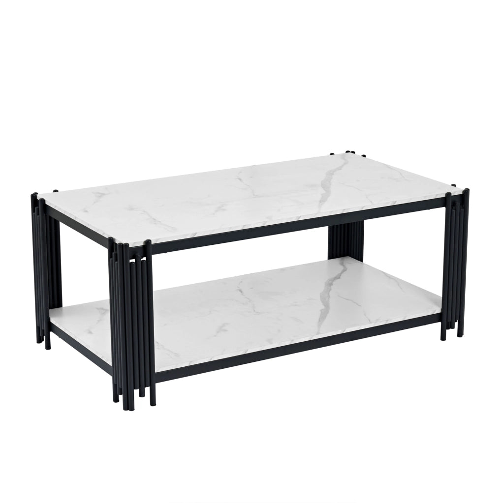 Tavolino da salotto rettangolare con 2 ripiani in MDF e metallo bianco e nero