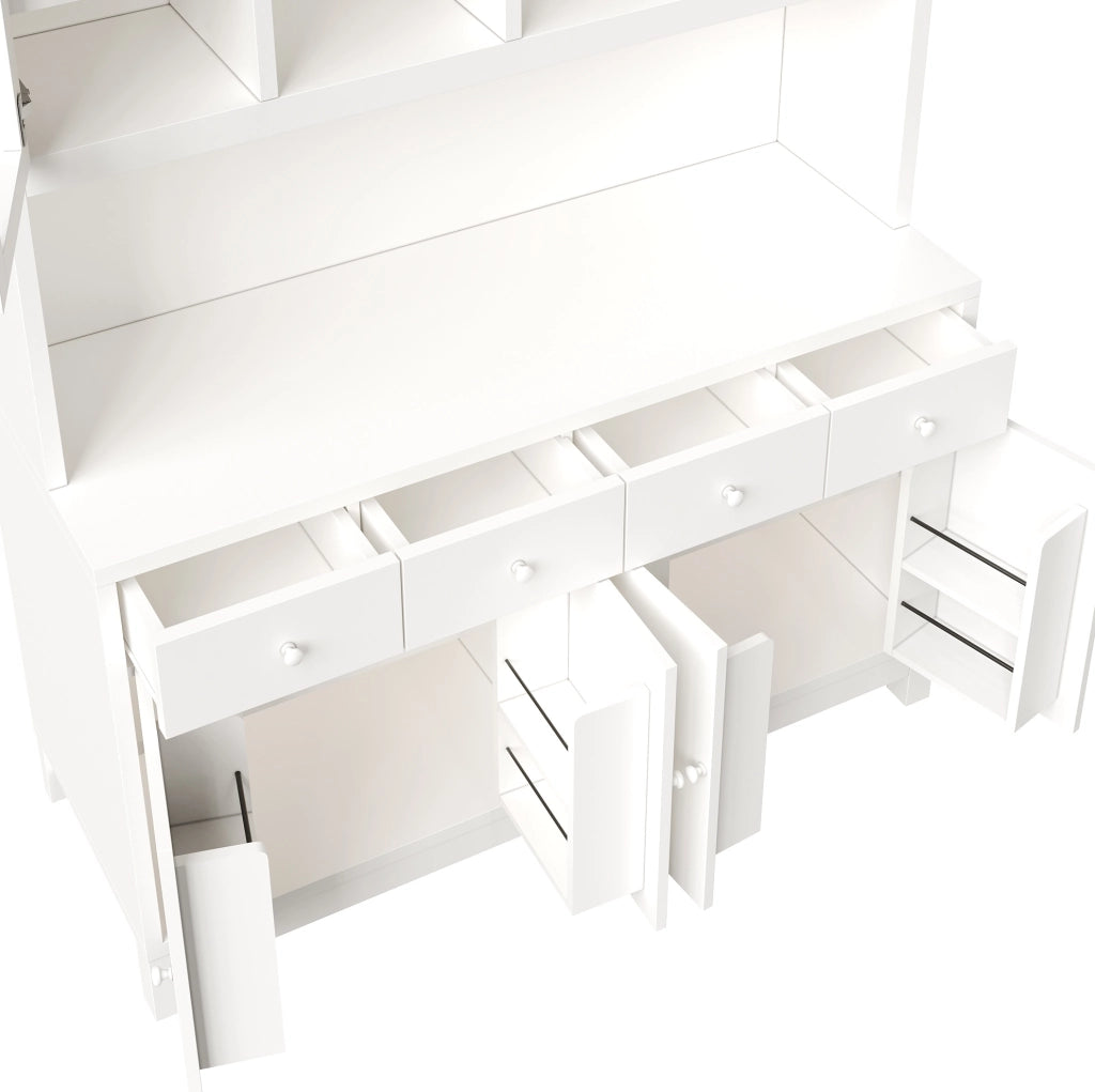 Buffet alto 140x38,5x180 cm con LED RGB controllate via app, ante in vetro, 4 cassetti e ripiani regolabili, effetto legno naturale