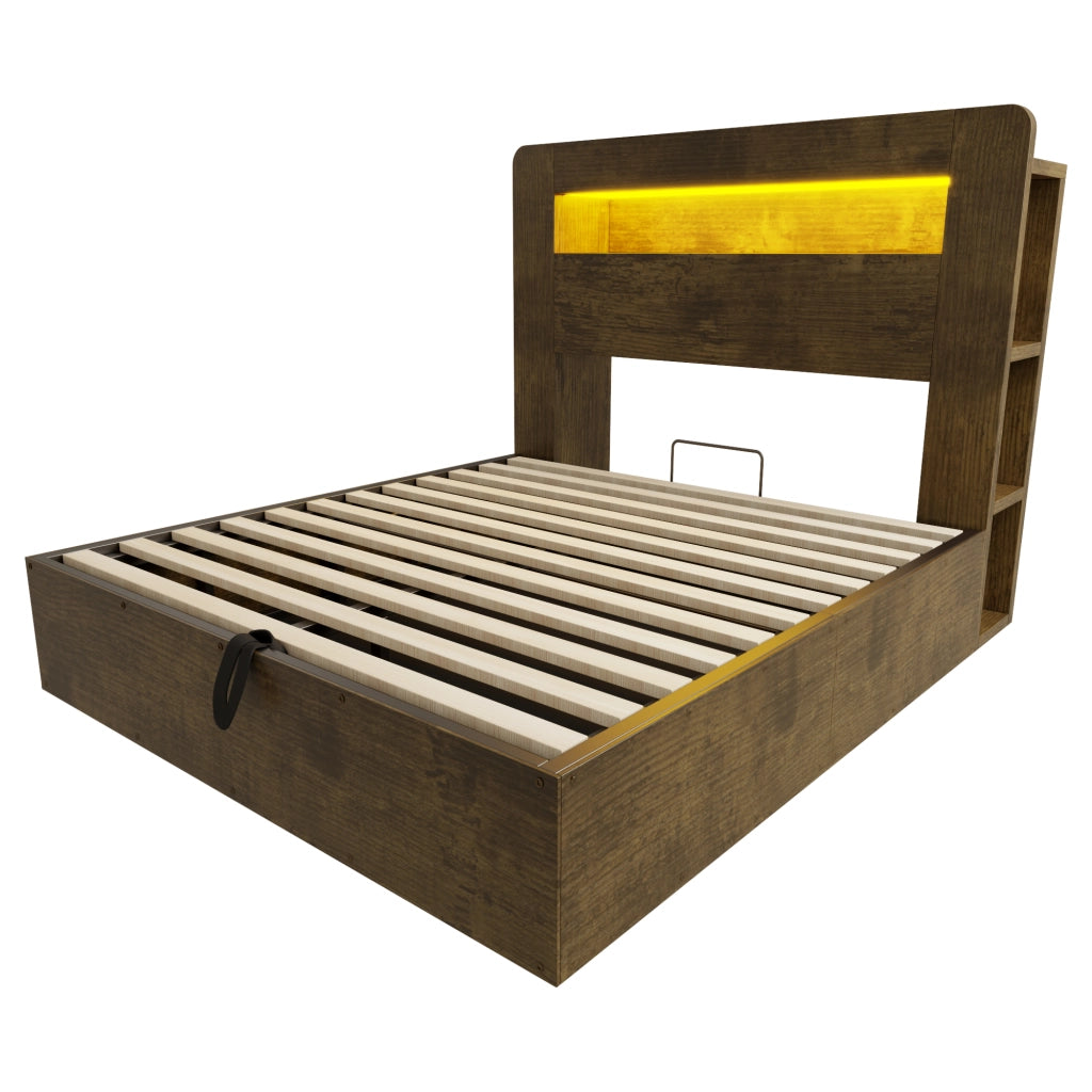 Letto contenitore 140x200 cm effetto legno vintage con testiera LED; prese e vani portaoggetti