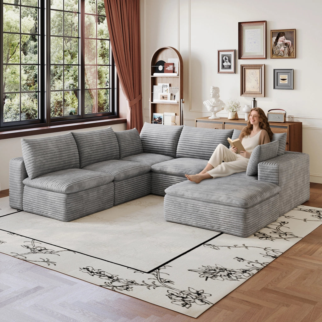 Divano modulare in tessuto di velluto a coste grigio scuro 260x250 cm con imbottitura sfoderabile e design a doppio strato