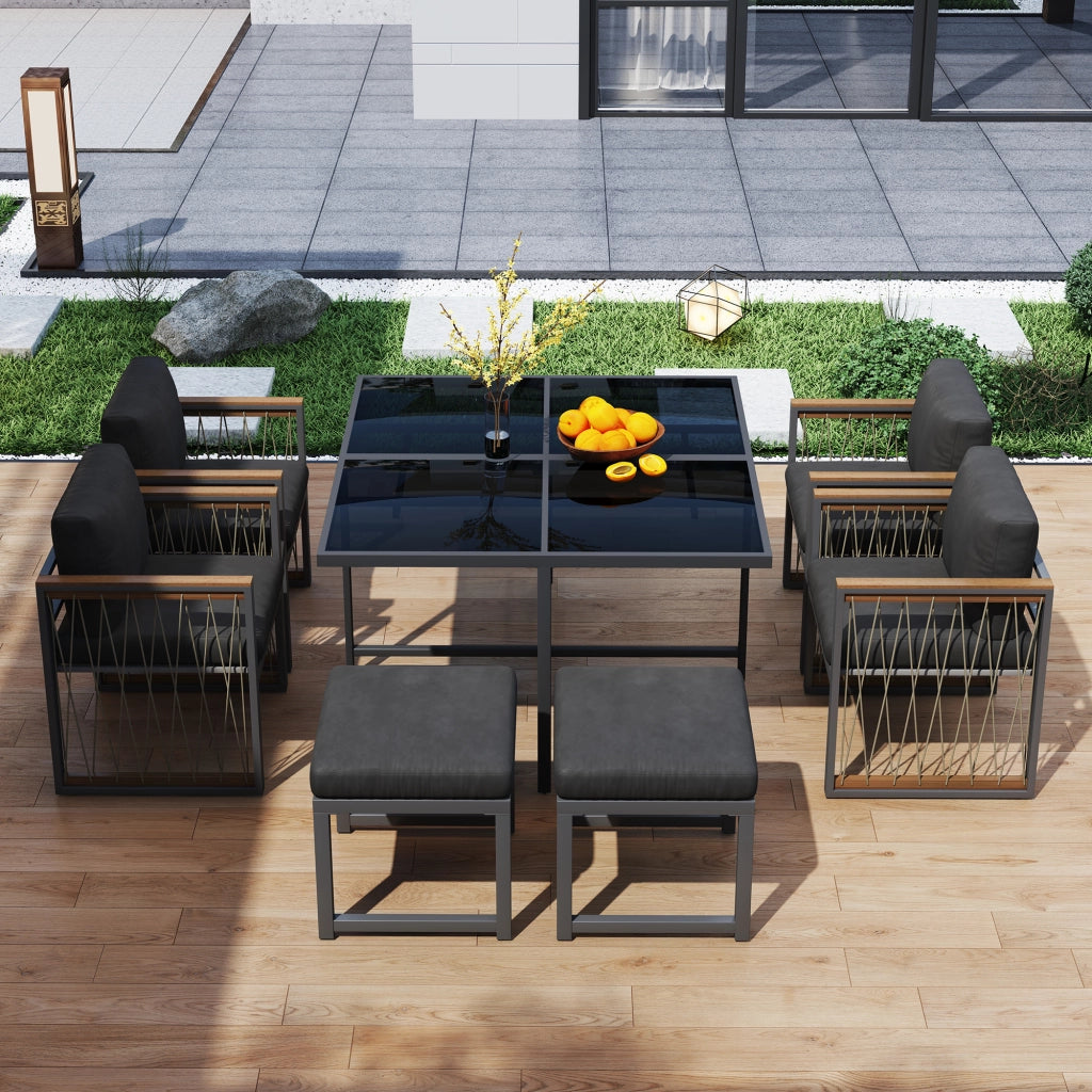 Set da pranzo da giardino 7 pezzi con tavolo da esterno 6 posti in vetro temperato nero e sedie con braccioli in legno composito