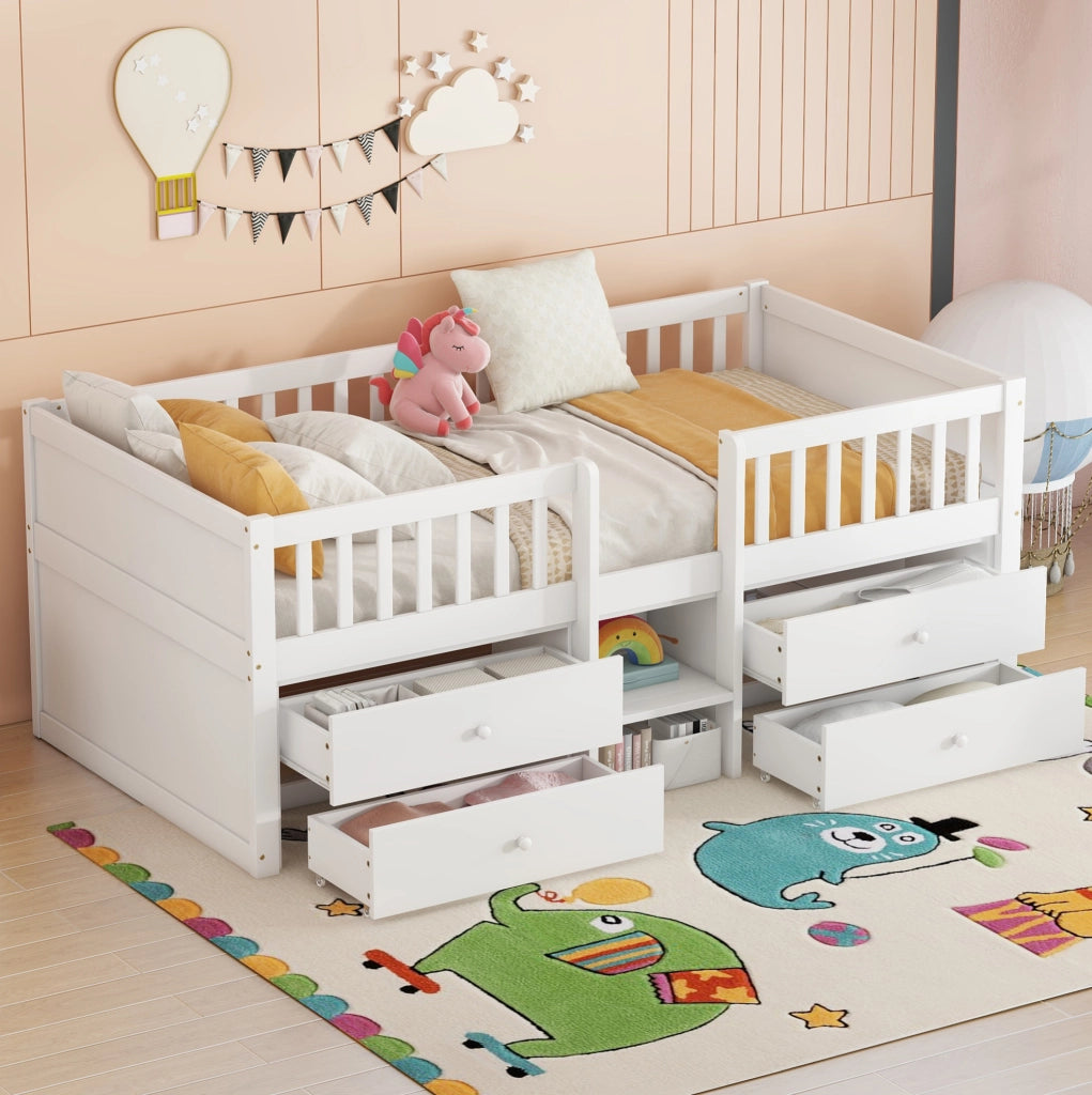 LETTO Semialto 90x200 cm con 4 cassetti scala e sponde in legno di pino bianco