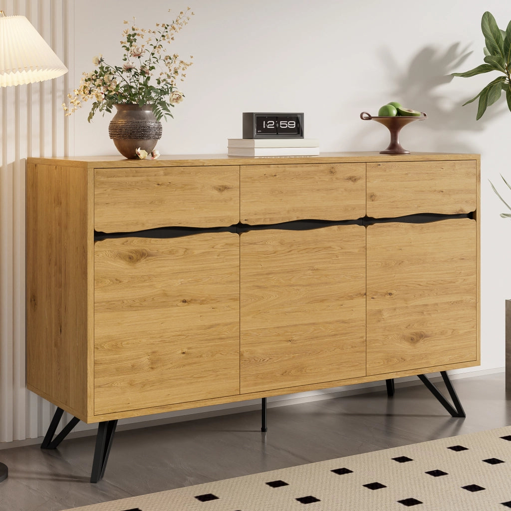 Credenza e madia a 3 ante con ripiani, effetto legno e gambe nere in metallo, per soggiorno, 140 × 40 × 75,5 cm