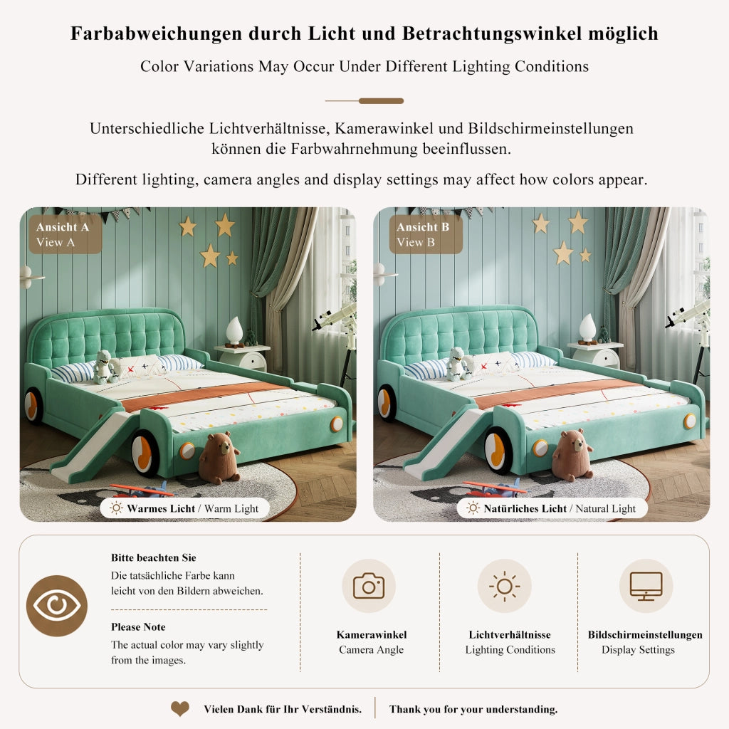 Letto per bambini a forma di auto 140 × 200 cm con scivolo e scaletta imbottito in velluto blu-verde