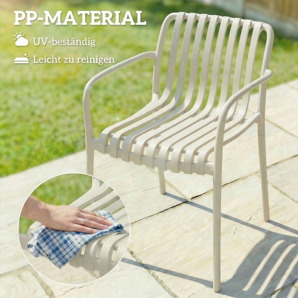 Set 4 Sedie da Giardino Impilabili ¨C Xylo ¨C Design a Lamelle con Braccioli Ergonomico Bianco Crema