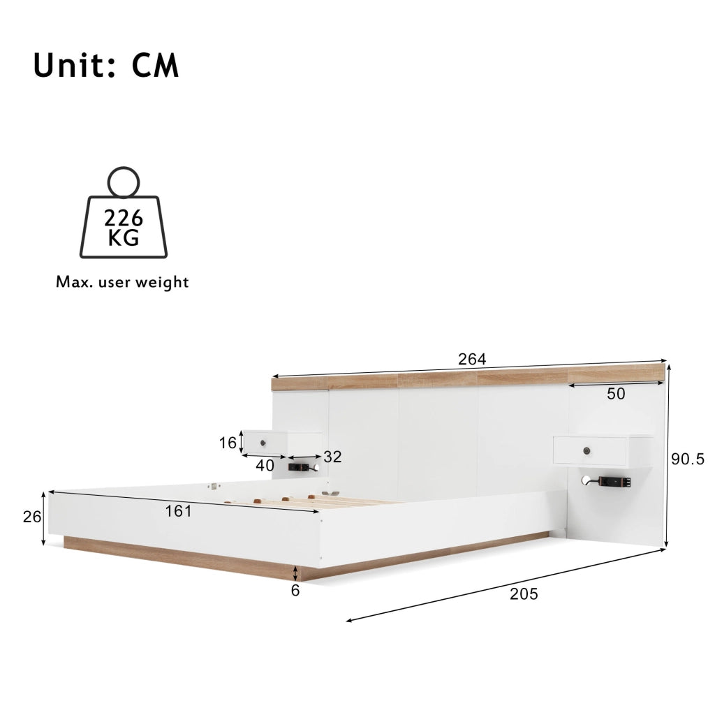 Letto matrimoniale 160x200 cm con comodini LED, USB-C e prese UE