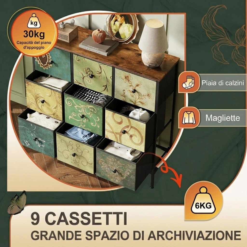 Cassettiera camera da letto 30x100x86.5 cm con cassetti in tessuto motivo floreale vintage mobiletto multiuso in legno e acciaio - verde